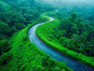 Aerial top view beautiful curve road on green forest in the rain season, the forest's emerald green deepened by the rain. The road, a solitary streak of grey, meanders through the forest,