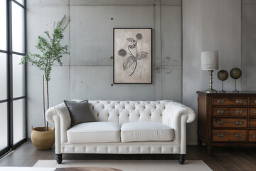 where a pristine white tufted sofa invites relaxation against the backdrop of a sleek concrete wall adorned with an art poster, the fusion of minimalist and loft elements defining.
