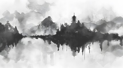 Black ink wash painting of a landscape with Japanese oriental style.