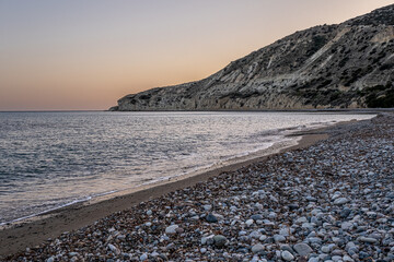 View of the outstanding Pissouri bay, the popular tourist resort of the village of Pissouri, as seen from the beach of Columbia Hotel, located 30 km west of Limassol, Cyprus   