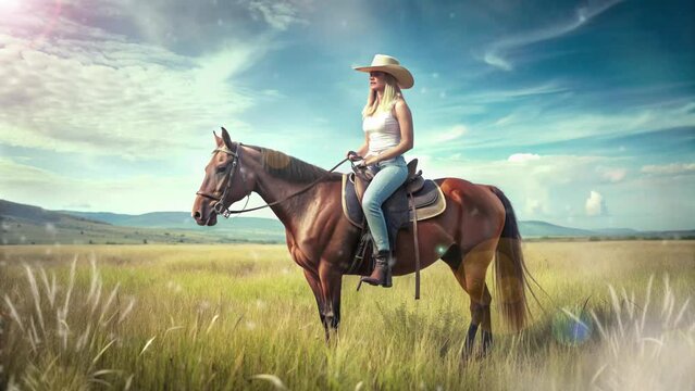 a woman in a cowboy hat riding a horse in the middle of the prairie