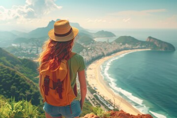 A woman with a yellow backpack and a straw hat stands on a hill overlooking a beach and the ocean,...