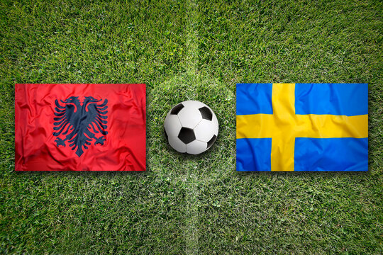 Albania vs. Sweden flags on soccer field