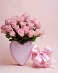 Heart-shaped Vase with Pink Roses and Gift Box

