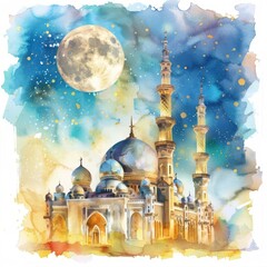 Eid Mubarak Hand draw decorative ramadan kareem moon sketch card design Intricate Wonders of Watercolor Mosques in Islamic Art. High quality photo