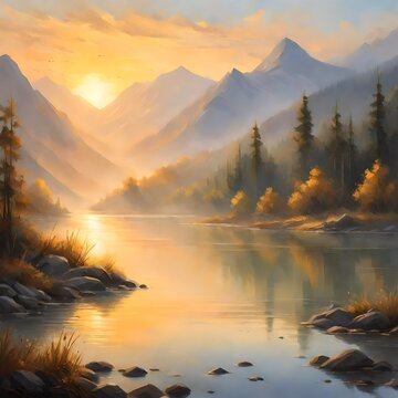 Sunrise casting a golden glow over misty mountains and tranquil waters, painting a scene of serene beauty and morning tranquility