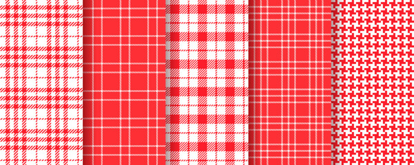 Table cloth seamless pattern. Tablecloth red background. Vichy gingham texture. Set checkered kitchen prints. Picnic retro plaid backdrops. Collection tartan textile wallpaper. Vector illustration. 