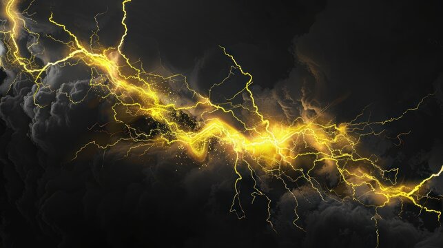 Panoramic yellow lightning strike on the dark cloudy sky landscape background. AI generated image