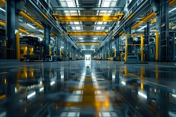 Fototapeta premium A futuristic manufacturing plant showcasing advanced robotics and digital technology in the automotive industry. Concept Automotive Innovation, Robotics in Manufacturing, Futuristic Technology