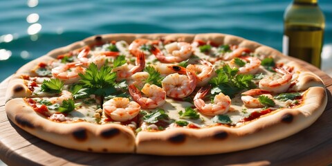 Pizza with Shrimp and Cilantro on a Wooden Table. A delicious pizza with plump shrimp and fresh cilantro leaves on a wooden table. - obrazy, fototapety, plakaty