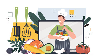 Home cooking online. Cook with mixer and salad from vegetables. Internet lesson and tutorial. Process of healthy food preparation. Cartoon flat vector illustration isolated on white background