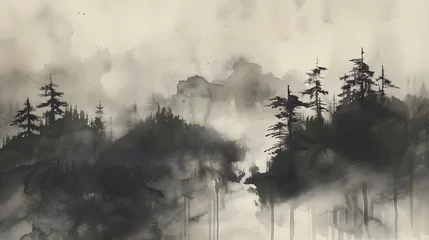 Raamstickers Black ink wash painting of a landscape with Japanese oriental style. © KHF
