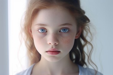 Portrait of a young Innocent teen girl looking at camera, mirror background. Generative AI.