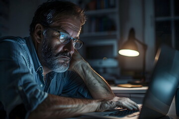 An elder man looking at a laptop screen late at night indoors