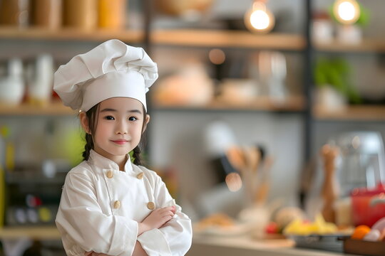 Portrait of a young asian girl in a chef suit standing in a kitchen