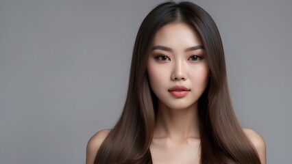 Fototapeta premium Asian woman with shiny smooth healthy hair with straight hair and glowing, white skin natural beauty, hair and skin care products