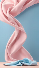 Pink fabric on a blue background drapery. texture