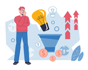 Businessman looking for a business idea that stands out through innovation. Business person thinking how to execute a business idea, flat cartoon vector illustration isolated on white background.