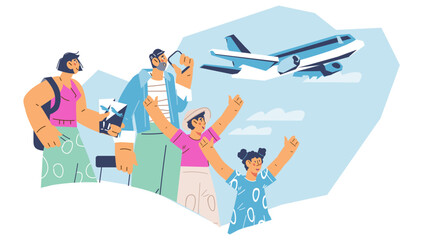 Banner with family with children travel by plane. Family adventure and vacation, flat cartoon vector illustration isolated on white background.