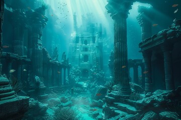 Undersea adventure, ancient ruins and exotic fish in coral reef , blender - obrazy, fototapety, plakaty