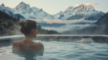 Steam rises from the warm water, adding to the ethereal atmosphere, while the woman's expression reflects pure peace and contentment.  - obrazy, fototapety, plakaty