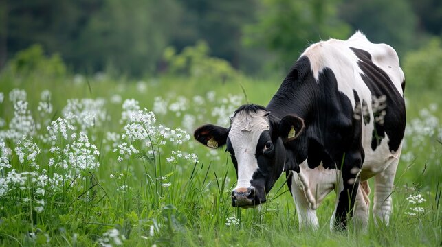 A holstein dairy cow animal grazing in a green meadow at sunny day. AI generated image