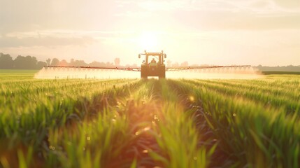 Fototapeta premium Tractor Driving Through Green Grass Field