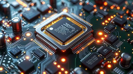 Isometric vector illustration of a microprocessor circuit board isolated on a white background.