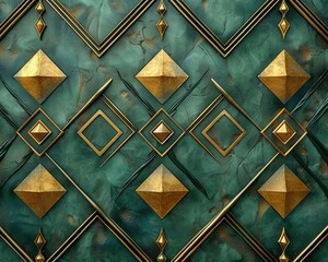 Art deco elegance, golden geometric patterns on emerald background , 3D render