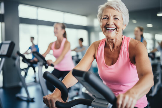 Elderly woman taking indoor cycling class at fitness center, woman practicing elliptical cycle in a gym, doing cardio riding cycle