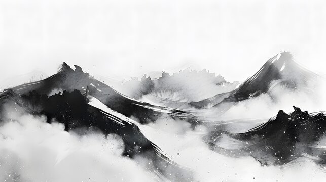 Black ink wash painting of a landscape with Japanese oriental style.