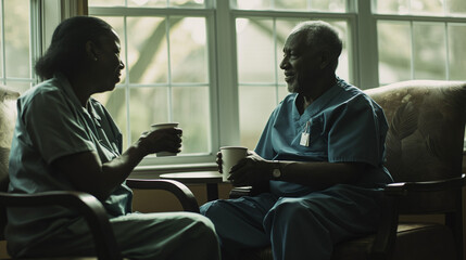 An African American nurse and an elderly gentleman share a quiet moment over cups of coffee, the scene reflecting the nurturing bond between caregiver and resident.