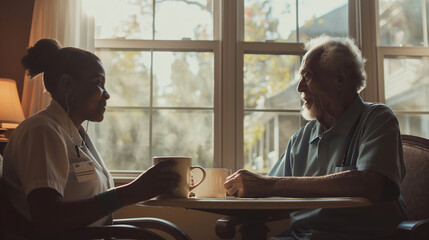 Their cups of coffee a symbol of the nurturing bond between caregiver and resident, the scene imbued with a sense of mutual respect