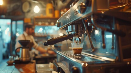 Coffee machine in a coffee shop. Barista in the background blurred - obrazy, fototapety, plakaty