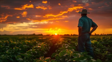 Brazilian Farmer Standing in Field at Sunset