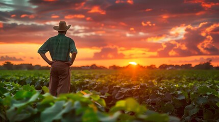 Man Standing in Field at Sunset