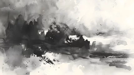 Poster Black ink wash painting of a landscape with Japanese oriental style. © KHF