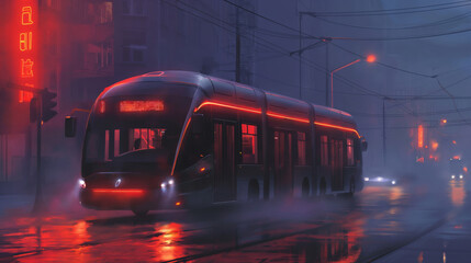 Modern bus travels through a city shrouded in mist with neon lights - obrazy, fototapety, plakaty