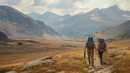 Obraz premium A hiker couple explores the wilderness hand in hand, amidst the majestic beauty of the mountains.