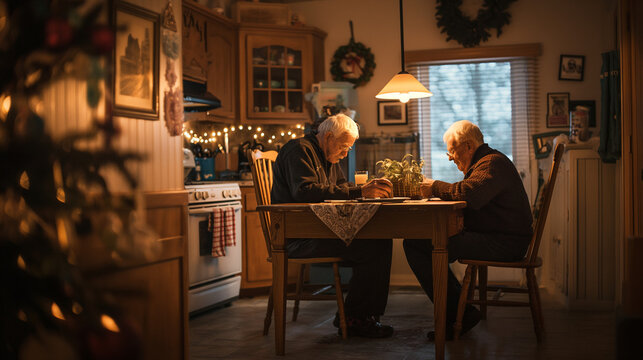 Warm and inviting kitchen, surrounded by family photos and comforting decorations an elderly man receiving home care from a dedicated caregiver, sitting at a dining table.