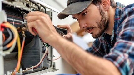 Repairman repairing air conditioner using pliers