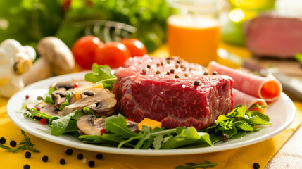 Fototapeta premium Photo of raw steak and salad with cheese, mushrooms, ham on plate on yellow tablecloth, Generative AI