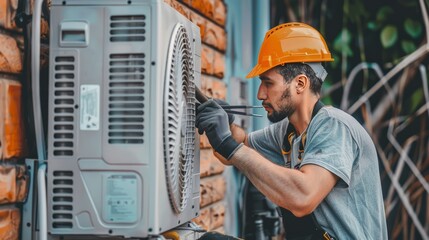 Repairman repairing air conditioner using pliers