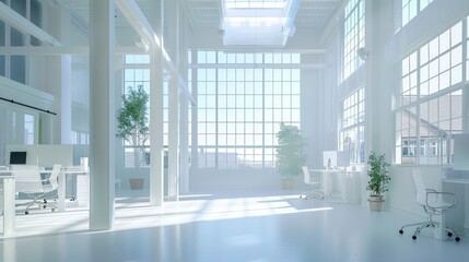Open space Interior modern empty white office building daylight view. AI generated image - obrazy, fototapety, plakaty