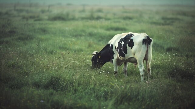 A holstein dairy cow animal grazing in a green meadow at sunny day. AI generated image