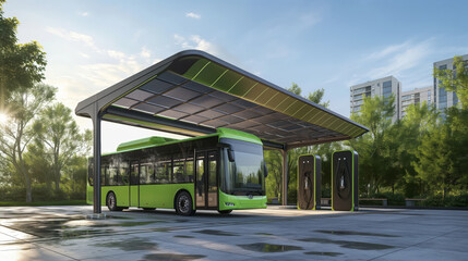 Modern electric bus charges at a solar-powered station amidst lush greenery