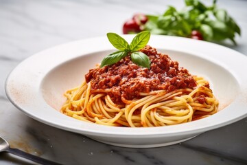 Juicy spaghetti bolognese on a metal tray against a white marble background