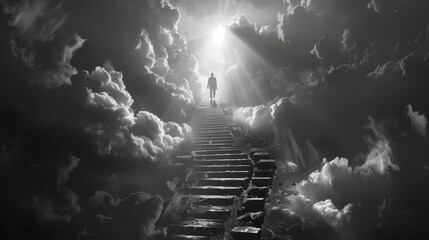 Man Ascending Stairway in Clouds - obrazy, fototapety, plakaty