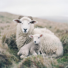 Obraz premium photograph of a ewe with a lamb suckiling on it, far shot, clear and focus on animals