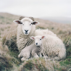 photograph of a ewe with a lamb suckiling on it, far shot, clear and focus on animals